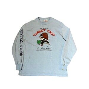 Vintage Made In USA Long Sleeve Single Stitch Tshirt Turkey Trot Mens L Blue